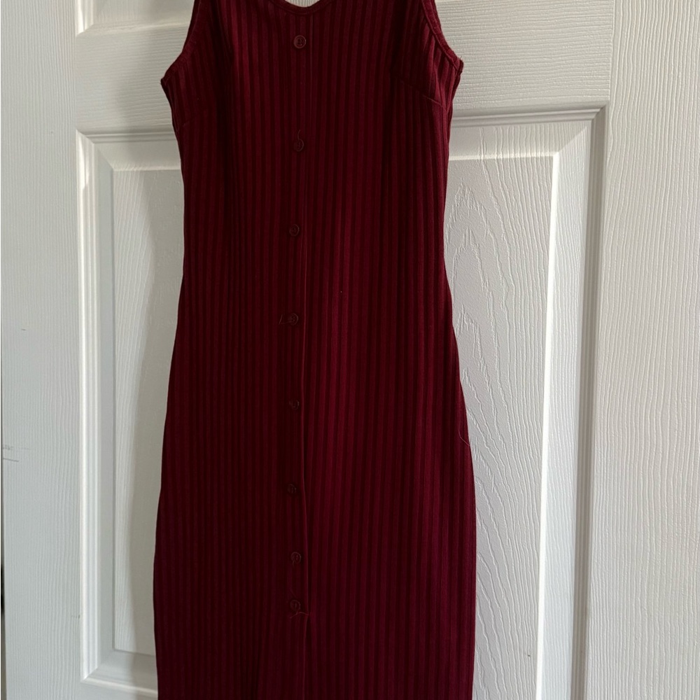 Ribbed Burgundy Button-Down Dress